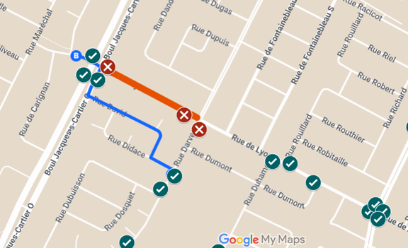 Ligne 73 - direction terminus Longueuil Les arrêts annulés sont 33176, 33155 et 33175