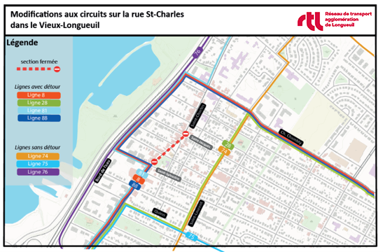 Modifications aux circuits sur la rue Saint-Charles dans le Vieux-Longueuil